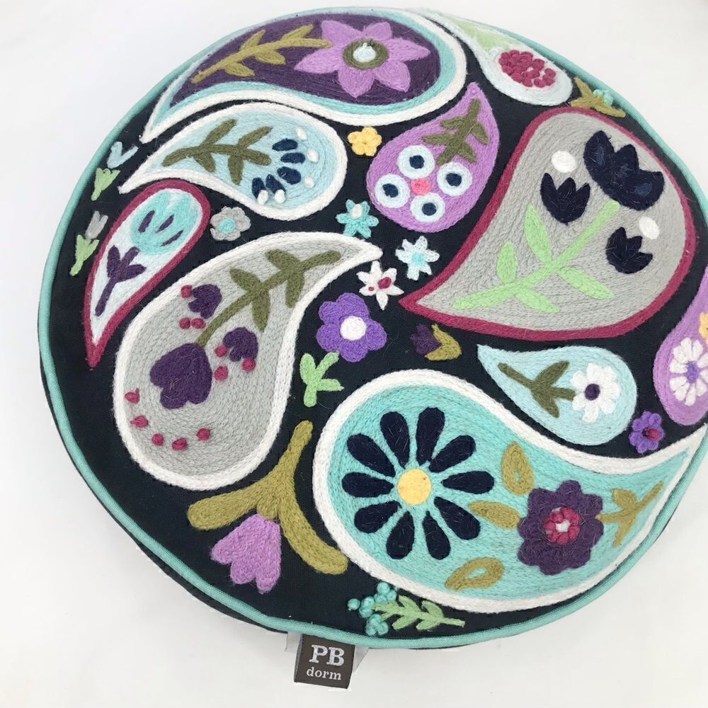 Pottery Barn Colorful Paisley Crewel Stitch Round Decor Toss Pillow